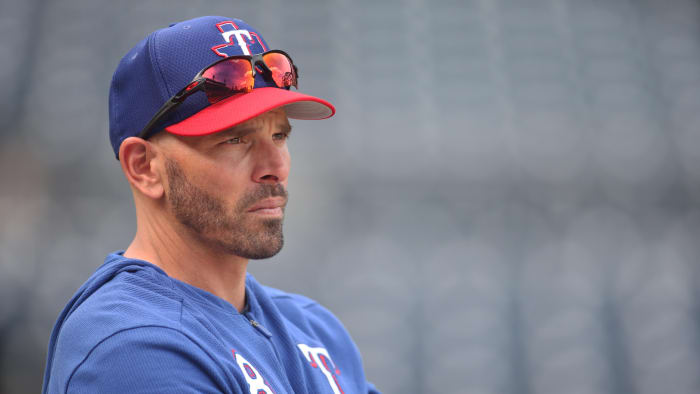 May 7, 2019; Pittsburgh, PA, USA; Texas Rangers manager Chris Woodward (8) looks on before the game against the Pittsburgh Pirates at PNC Park. Mandatory Credit: Charles LeClaire-USA TODAY Sports